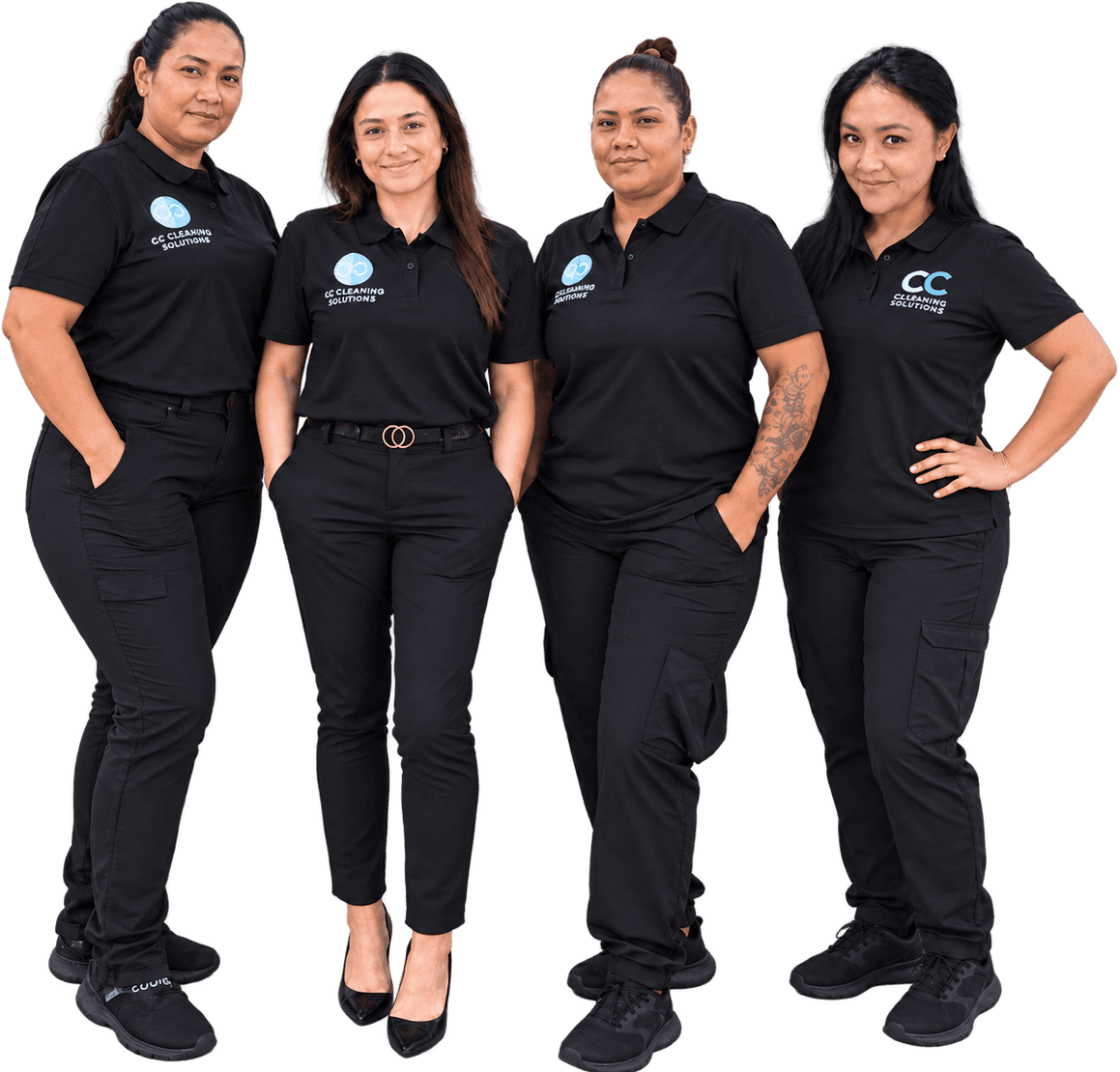 The CC Cleaning Solutions team standing together in matching black CC Cleaning Solutions polo shirts